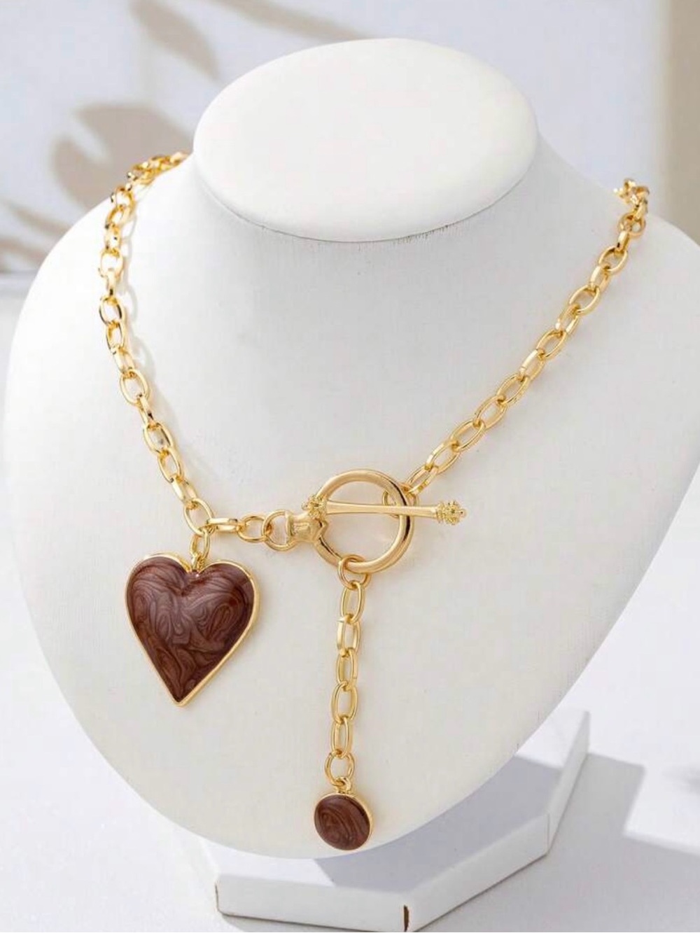 Gold Chain Toggle Necklace with Brown Heart Pendant